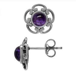 Cabochon Amethyst Sterling Silver Flower Earrings
